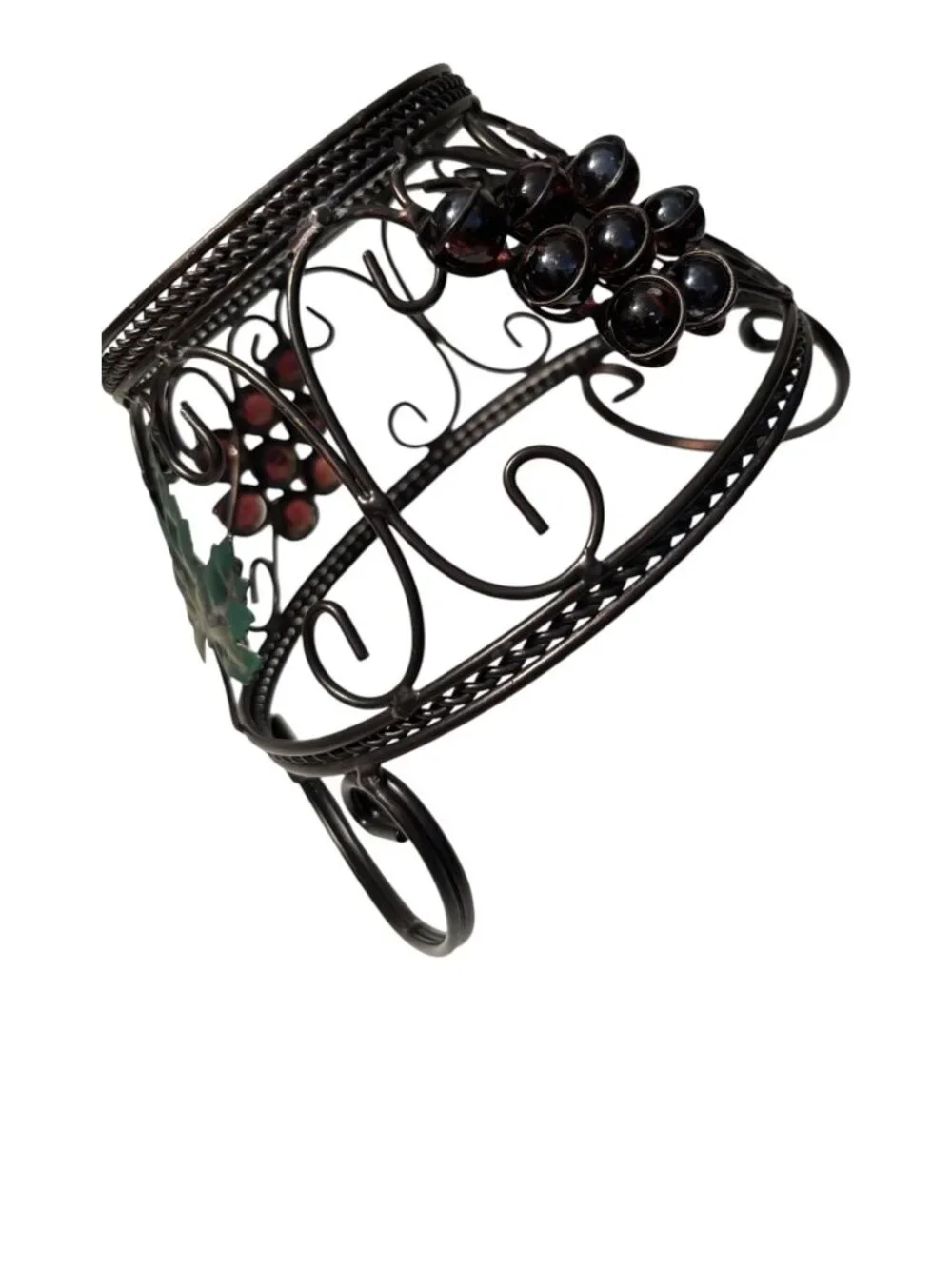 Decorative Wire Basket With Grape Motif &  Glass Accents Metal Construction Rust